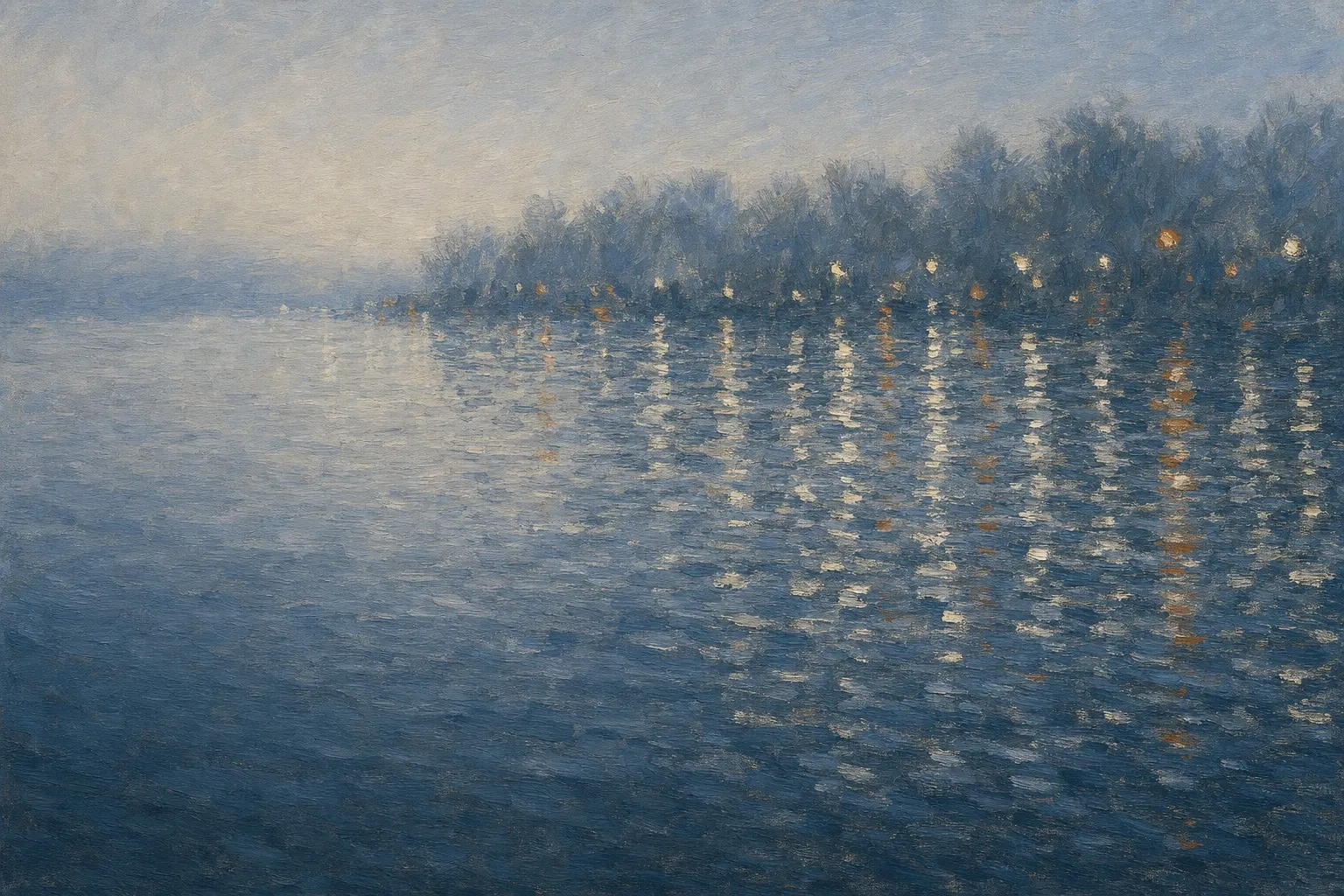 An impressionist painting of a river at first light, its surface broken by dozens of small reflected lamps