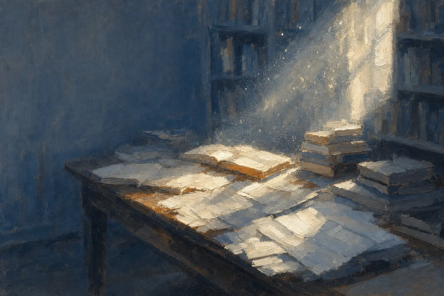 An impressionist painting of a library table stacked with open books and loose papers, lit by a single shaft of afternoon sun